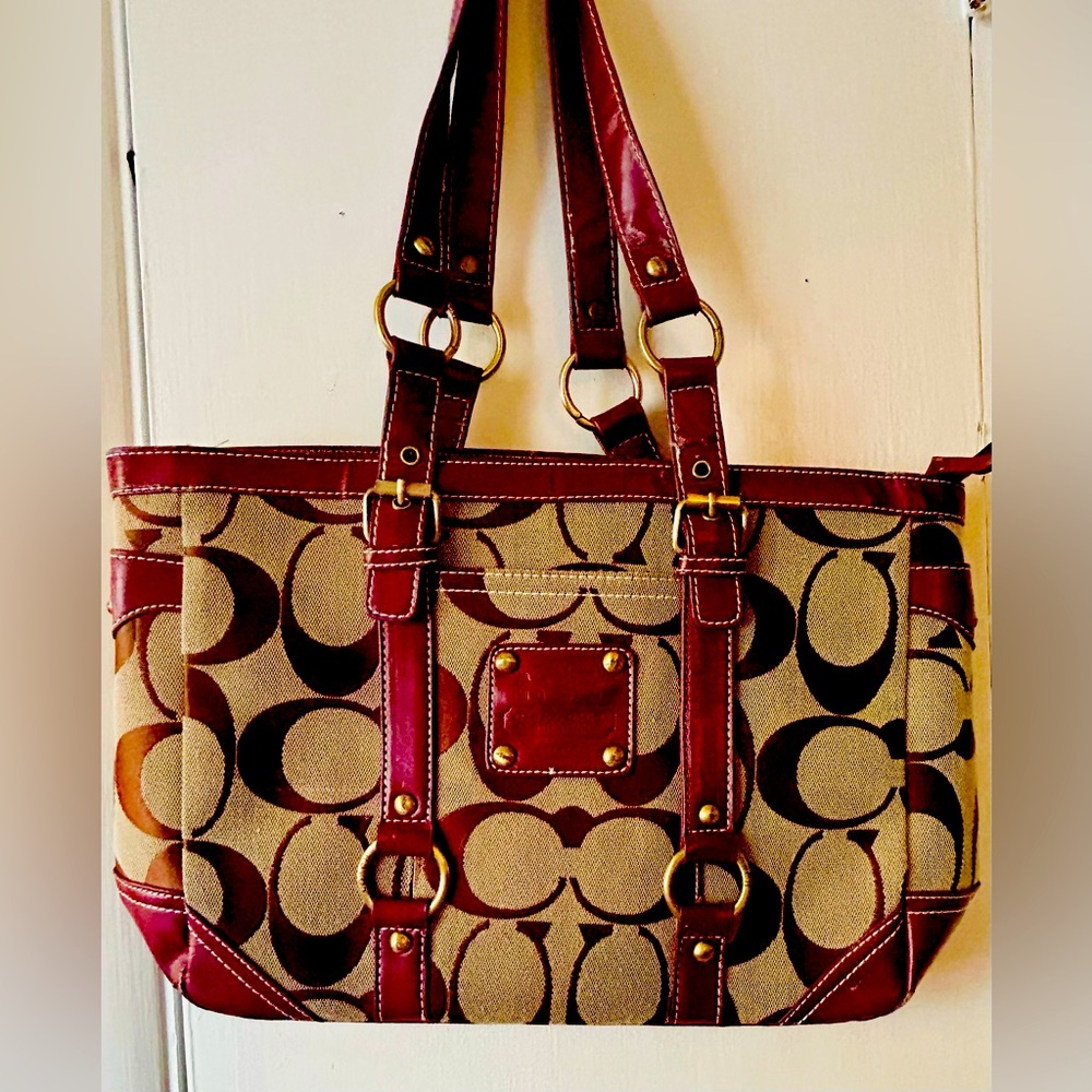 Coach Signature Canvas Tote Bag - Brown and Red